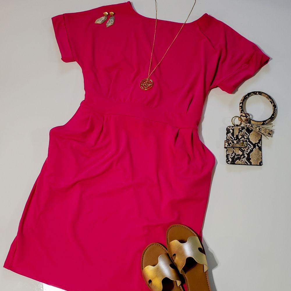 Pink Tie-Waist A-Line Dress w/Pockets
